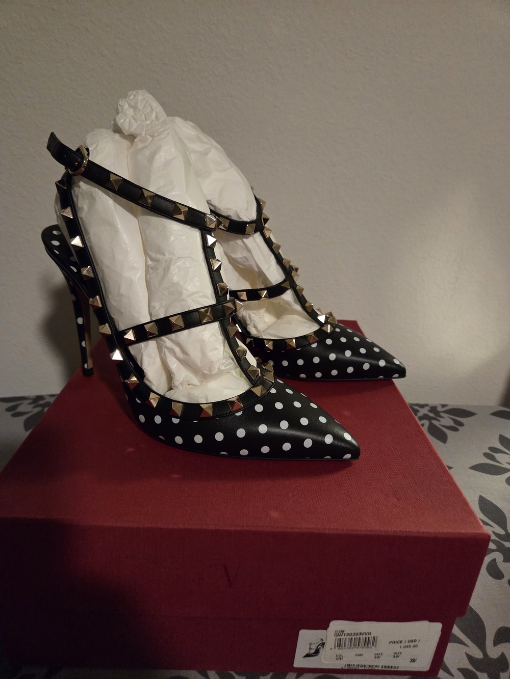 Valentino Garavani Black and White Polka Dot Rockstud T-Strap Heels